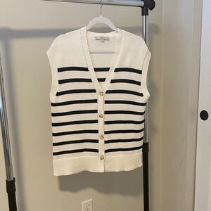 LOFT Cream and Black Striped Cardigan Vest